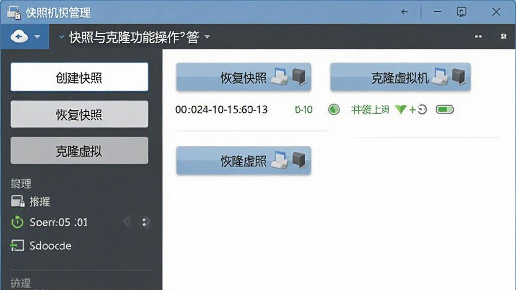 快照与克隆功能的操作界面,主体是虚拟机管理软件的菜单栏和侧边栏,显示“创建快照”“恢复快照”“克隆虚拟机”等按钮,布局居中,风格为扁平化办公软件界面,细节包括时间戳和状态图标,画质清晰,干净整洁无多余元素