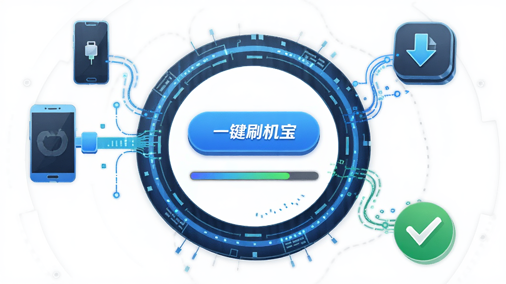 一张展示线刷宝一键刷机过程的图片,画面中央是线刷宝软件的一键刷机按钮和进度条,周围环绕着手机连接图标、固件下载图标和完成勾选图标,布局为环形围绕式,风格为科技感插画,细节包含数据流动的线条和刷机成功的提示,画质清晰,背景干净,无多余元素