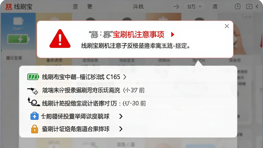一张展示线刷宝刷机注意事项的图片,画面主体是线刷宝软件界面上的警告提示框和操作步骤列表,布局为上下排列,上方是红色警告图标和文字,下方是步骤清单,风格为简洁信息图,细节包含电量图标、数据线图标和备份图标,画质清晰,背景干净,无多余元素