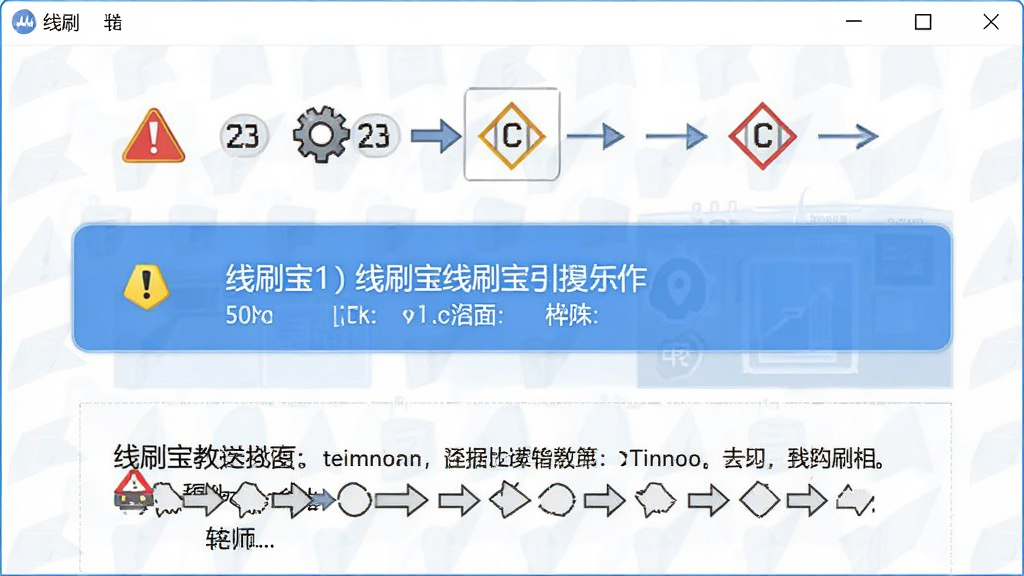 一张展示线刷宝教程提示界面的图片,画面主体是线刷宝软件窗口中的提示文字框和步骤引导图,布局为上下结构,上方是步骤序号,下方是详细文字说明,风格为简洁文档风格,细节包含警告图标和操作箭头,画质清晰,背景干净,无多余元素