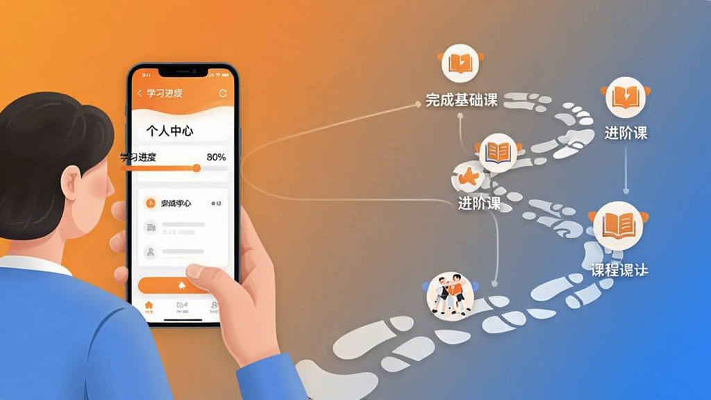一张表现乐橙精品课个性化学习路径的示意图,画面左侧是一位用户正在使用手机学习,手机屏幕显示学习进度条和个人中心页面,右侧延伸出一条由脚印组成的路径,路径上分布着不同的课程里程碑图标,如完成基础课、进阶课等,背景是温暖的橙色与蓝色渐变,风格简约现代,细节上进度条百分比清晰,画质高清,画面干净,无多余元素