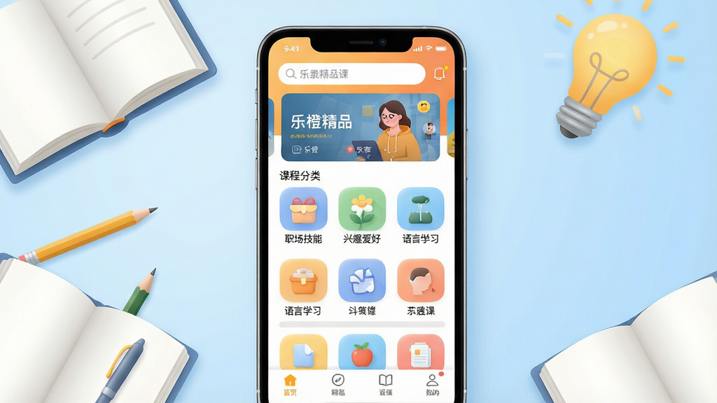 一张展示乐橙精品课手机应用界面的场景图,画面中央是一部竖屏智能手机,屏幕显示乐橙精品课APP首页,顶部有搜索栏和轮播图,中部排列着课程分类图标如职场技能、兴趣爱好、语言学习等,底部有导航栏,手机周围环绕着翻开的书籍、铅笔、灯泡等学习元素,背景是柔和的浅蓝色渐变,风格清新简洁,细节上图标圆润、文字清晰,画质高清,画面干净,无多余元素
