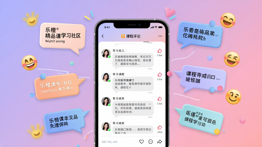 一张描绘乐橙精品课学习社区互动场景的图片,画面中央是一个手机屏幕,显示课程评论区界面,有用户头像、评论气泡和点赞图标,屏幕周围漂浮着多个对话气泡和笑脸表情,背景是柔和的紫色与粉色渐变,布局采用发散式构图,风格活泼明快,细节上评论文字清晰可辨,画质高清,画面干净,无多余元素