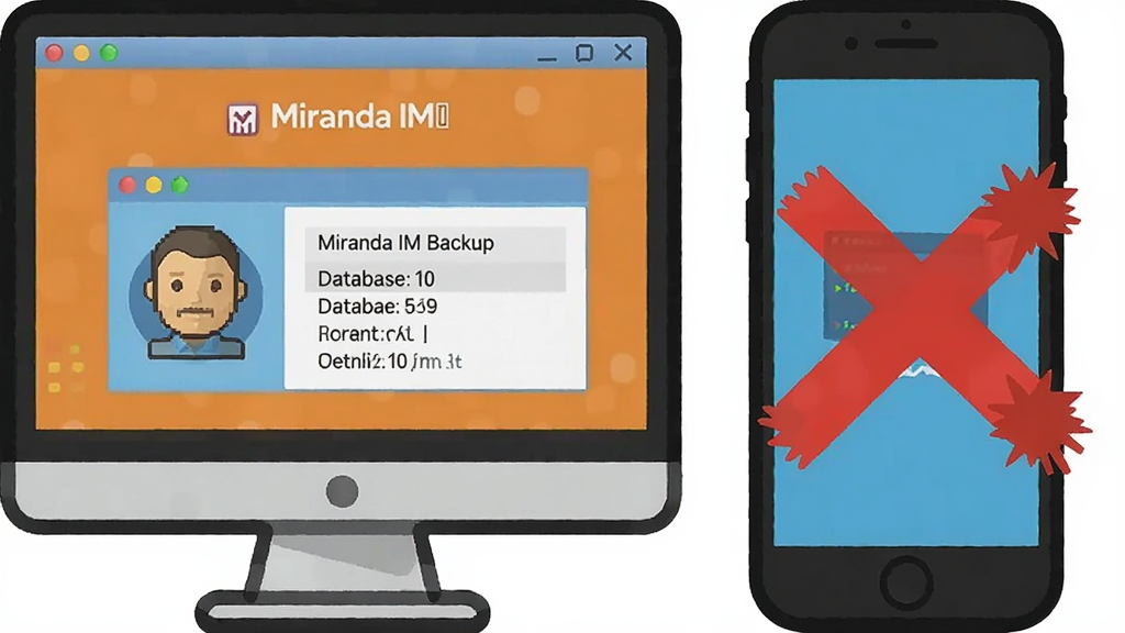 一张卡通风格的示意图,画面左侧是一个电脑屏幕显示 Miranda IM 正在备份数据库,右侧是一个手机屏幕显示一个大大的红色叉号,表示不支持手机版。风格为扁平化信息图,色彩鲜明,画质清晰,无多余元素。