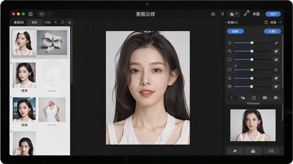 一张展示美图云修软件界面的图片,主体是电脑屏幕特写,屏幕上显示着美图云修的操作界面,左侧是照片列表,中间是正在编辑的人像照片,右侧是参数调整面板,布局清晰整洁,风格为现代科技感,细节包括界面上的滑块、按钮和预览图,画质高清,干净无多余元素