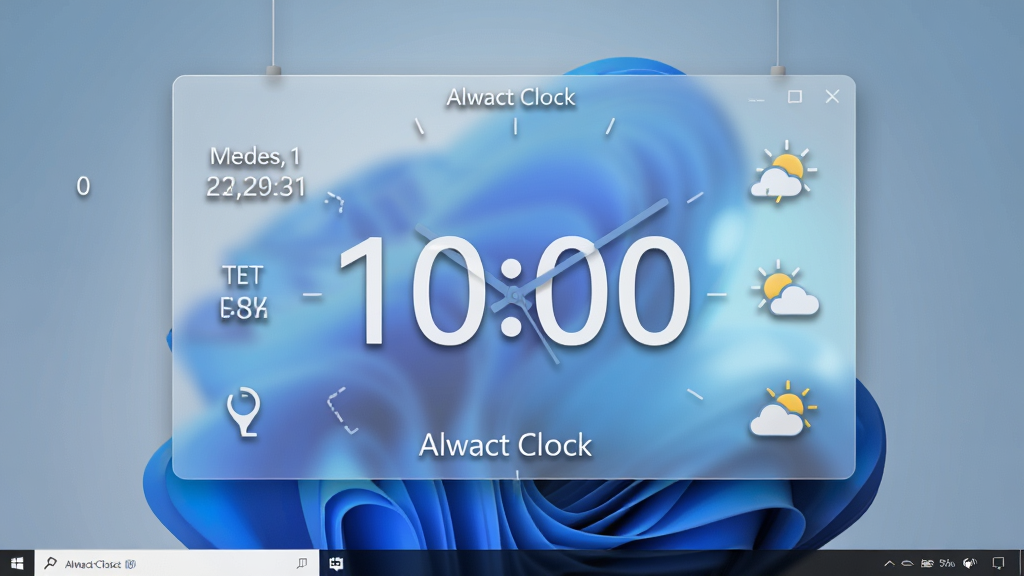 Alwact Clock 软件主界面展示,主体为一个悬浮在 Windows 桌面上的精致数字时钟,布局为中央大号时间显示,周围环绕着日期、星期和天气图标,排版简洁有序,风格为现代极简科技风,细节包括半透明毛玻璃效果和细腻的字体阴影,画质为 2K 高清,干净无多余元素,画面中带有
