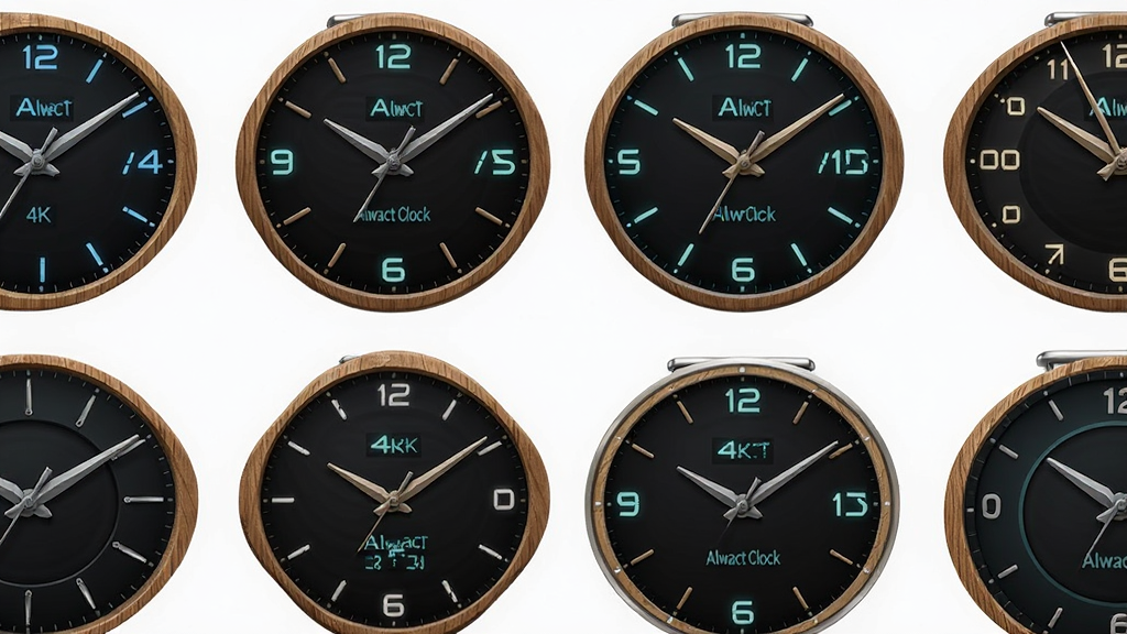 Alwact Clock 软件中的多样表盘展示,主体为多个不同风格的时钟表盘并列排布,布局为网格状,排版整齐,风格为写实与扁平化结合,细节包括金属质感的指针、数字发光效果和木质纹理边框,画质为 4K 超清,干净无杂乱背景,画面中带有