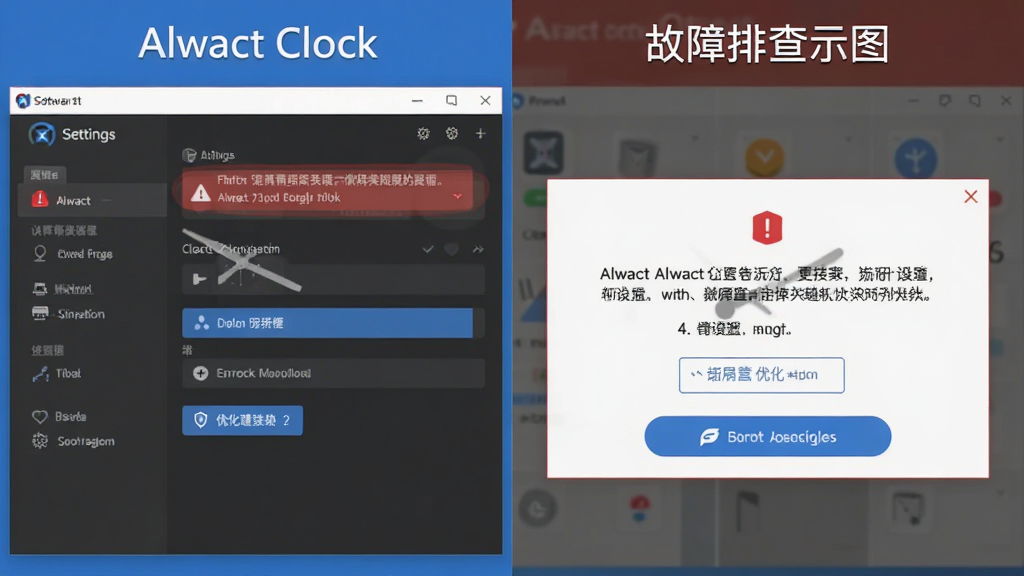Alwact Clock 软件设置界面与故障排查示意图,主体为软件设置面板与错误提示框的对比展示,布局为左右分栏,排版清晰,风格为扁平化 UI 设计,细节包括高亮的红色警告文字和蓝色的优化建议按钮,画质为 1080P 高清,干净无杂乱线条,画面中带有