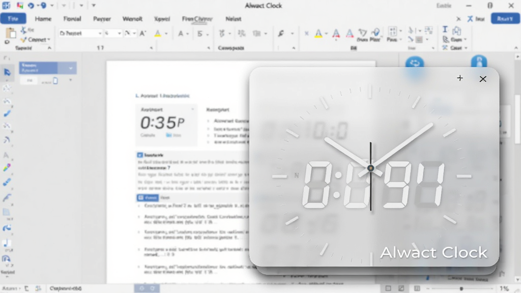 Alwact Clock 软件桌面悬浮效果图,主体为一个半透明的时钟窗口悬浮在文档编辑软件之上,布局为屏幕右下角,排版为层叠式,风格为现代办公桌面,细节包括窗口边缘的阴影、半透明磨砂效果和清晰的数字显示,画质为 1080P 高清,干净无多余图标,画面中带有
