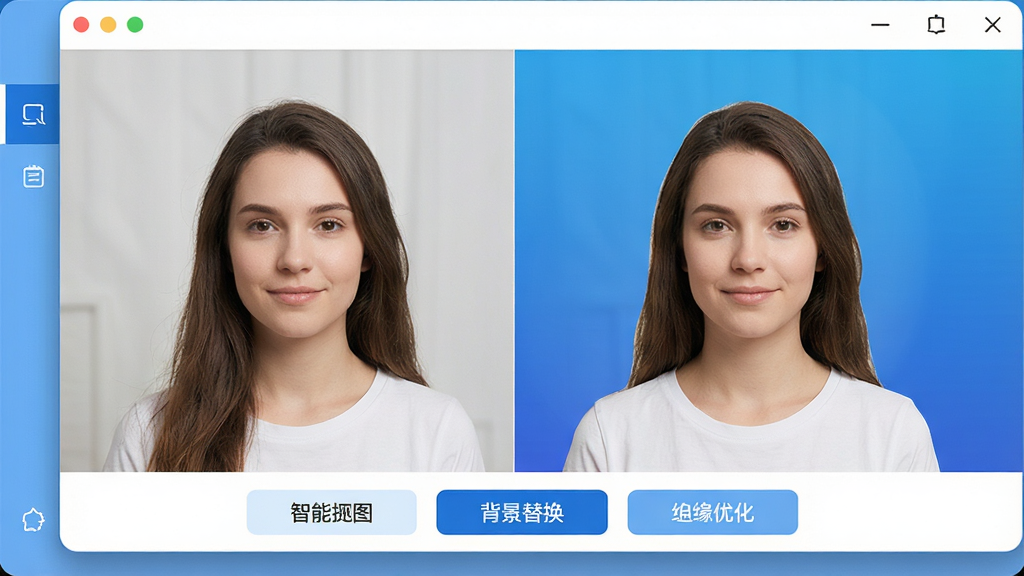 一张展示轻松换背景软件主界面的图片,画面中央是软件操作窗口,左侧显示原图人物照片,右侧显示已抠图并替换为蓝色渐变背景的效果图,窗口下方排列着智能抠图、背景替换、边缘优化等功能按钮,整体布局清晰,风格简洁现代,界面配色以蓝白为主,画质高清,干净无多余元素