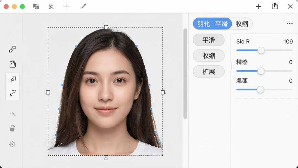 一张展示轻松换背景边缘优化工具的图片,画面中软件界面显示一个人像抠图结果,边缘有虚线选区,工具栏中有