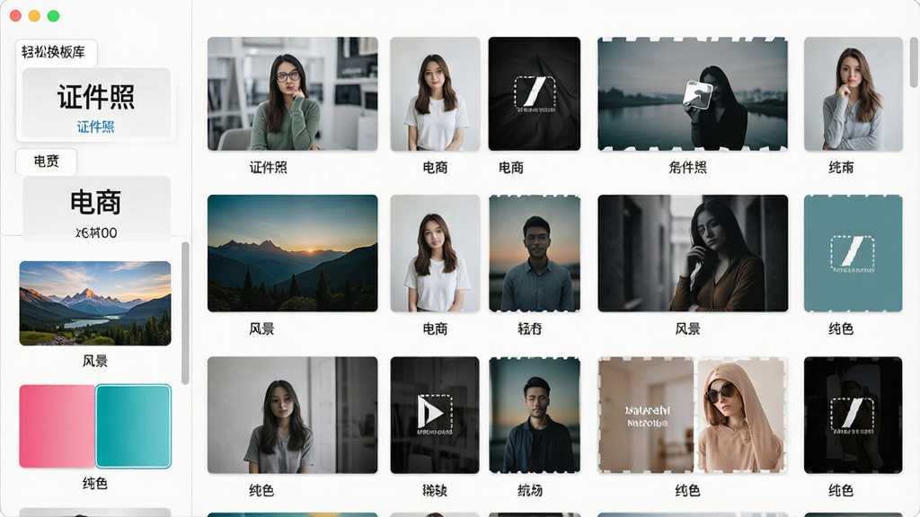 一张展示轻松换背景软件背景模板库的图片,画面中是一个软件界面,左侧为分类标签如证件照、电商、风景、纯色,右侧为网格排列的背景缩略图,每张缩略图下方标注名称,整体布局整齐,风格清新明亮,画质高清,干净无多余元素