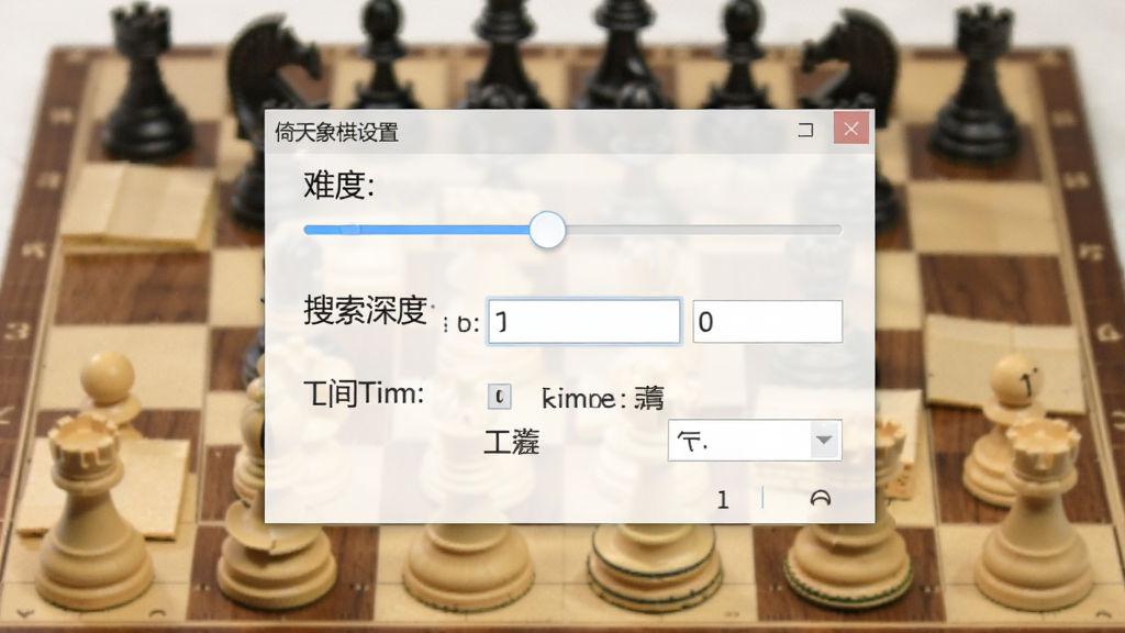 一张展示倚天象棋设置界面的图片,画面中软件设置窗口打开,里面有难度滑块、搜索深度数值框和时间设置选项,界面简洁清晰,背景是棋盘虚化效果,风格实用,画质清晰,干净,无多余元素