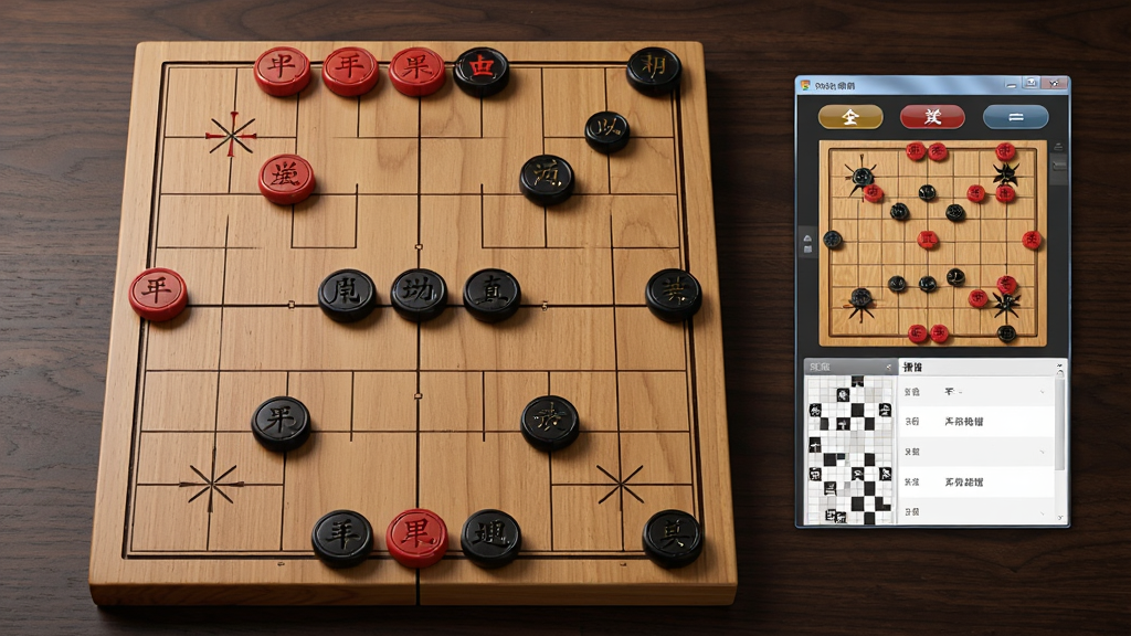 一张展示中国象棋棋盘与电脑界面的全景图,画面中央是木质纹理的象棋棋盘,红黑棋子整齐排列,棋盘右侧悬浮着软件操作面板,面板上有对弈按钮和棋谱列表,背景是深色木质桌面,整体风格沉稳专业,画质清晰,干净整洁,无多余元素