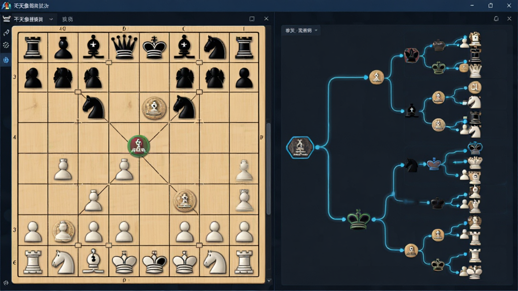 一张展示象棋局面推演功能的图片,画面中倚天象棋软件界面显示棋盘和走法分支树状图,棋盘上棋子清晰可辨,分支图用线条连接不同走法,界面风格科技感与专业感结合,画质清晰,干净,无多余元素