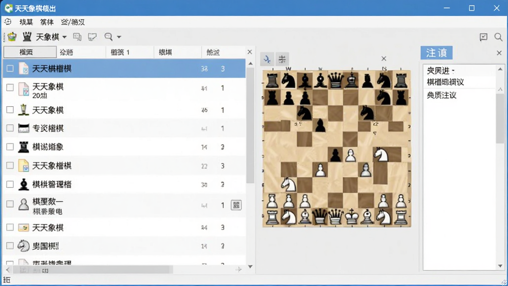 一张展示棋谱管理界面的图片,画面中央是倚天象棋软件窗口,窗口内显示棋谱列表和棋盘预览,棋谱文件以列表形式排列,旁边有注释输入框,界面配色以浅灰和蓝色为主,风格简洁商务,画质清晰,干净,无多余元素