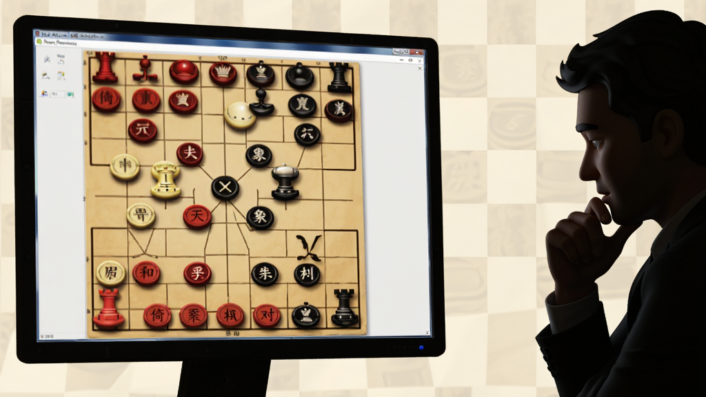 一张以中国象棋对弈为主题的画面,画面左侧是电脑屏幕显示倚天象棋对弈界面,棋盘上红黑双方棋子正在激烈交锋,右侧是棋手思考的剪影,背景有淡淡的棋盘格纹理,风格写实,画质清晰,干净,无多余元素