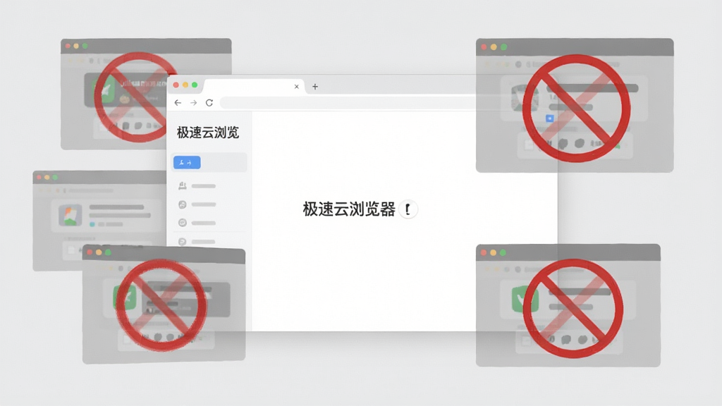 一张展示极速云浏览器广告拦截功能的示意图,画面中浏览器窗口干净整洁,周围有被拦截的广告窗口以半透明灰色显示并打上禁止符号,背景为浅灰色,风格清新简洁,画质清晰,无多余元素