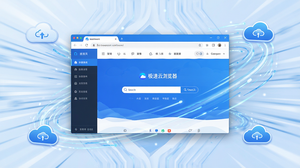 一张展示极速云浏览器软件界面的全景图,画面中央是浏览器主窗口,窗口内显示简洁的导航页与搜索框,四周环绕着速度线条与云朵图标元素,整体采用蓝白科技风格,布局居中对称,细节清晰,画质干净锐利,无多余装饰,适合软件下载站展示