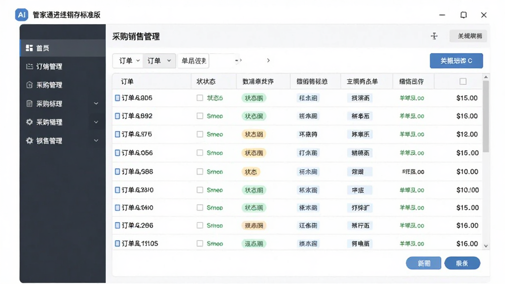 AI生图,画面展示管家通进销存标准版的采购销售管理界面,主体为软件窗口中的订单列表与单据详情,布局采用左右分栏,左侧为菜单导航,右侧为数据表格与操作按钮,风格为扁平化商务软件界面,细节包含表格行、状态标签、金额数字,画质清晰,干净无多余元素