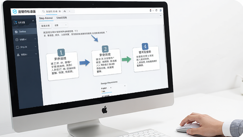 AI生图,画面展示管家通进销存标准版的使用指南场景,主体为电脑屏幕上的软件操作步骤截图与一只手握鼠标,布局为斜侧视角,风格为教学演示,细节包含步骤编号、箭头指示、设置界面,画质清晰,干净无多余元素