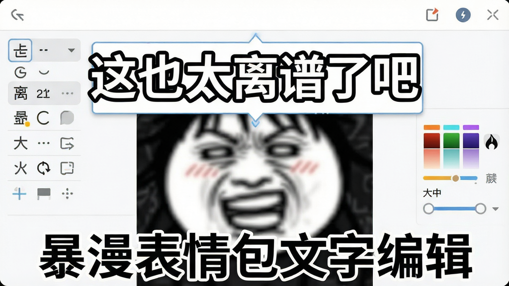一张展示暴漫表情包文字编辑功能的图片,画面中央是一个暴走漫画表情,表情上方有可拖动的文字输入框,文字内容为“这也太离谱了吧”,文字带有黑色描边和白色字体,周围有字体选择、颜色调整、大小调节等工具栏,界面简洁直观,画质高清,图片中文字标注“暴漫表情包文字编辑”。