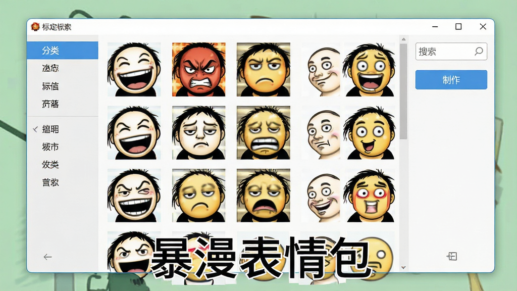 一张展示暴漫表情包软件主界面的图片,画面中央是软件窗口,窗口内排列着多排暴走漫画风格的表情缩略图,包括大笑、愤怒、无奈、滑稽等经典表情,窗口左侧有分类导航栏,右侧有搜索框和制作按钮,界面风格简洁明快,整体布局清晰,画质高清,干净无多余元素,图片中文字标注“暴漫表情包”。