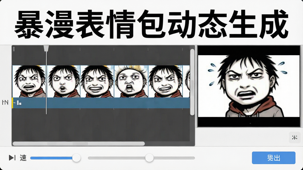 一张展示暴漫表情包动态GIF制作界面的图片,画面中是一个时间轴编辑器,时间轴上排列着多帧暴走漫画表情,每帧表情略有变化形成动画效果,预览窗口显示动态表情正在播放,界面底部有速度调节滑块和导出按钮,整体风格专业简洁,画质高清,图片中文字标注“暴漫表情包动态生成”。
