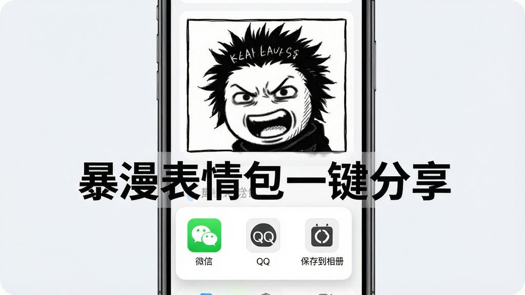 一张展示暴漫表情包分享功能的图片,画面中是一个手机屏幕,屏幕上显示刚制作好的暴走漫画表情,下方弹出分享菜单,菜单中包含微信、QQ、保存到相册等选项,背景是简洁的浅色界面,整体布局清晰,画质高清,图片中文字标注“暴漫表情包一键分享”。