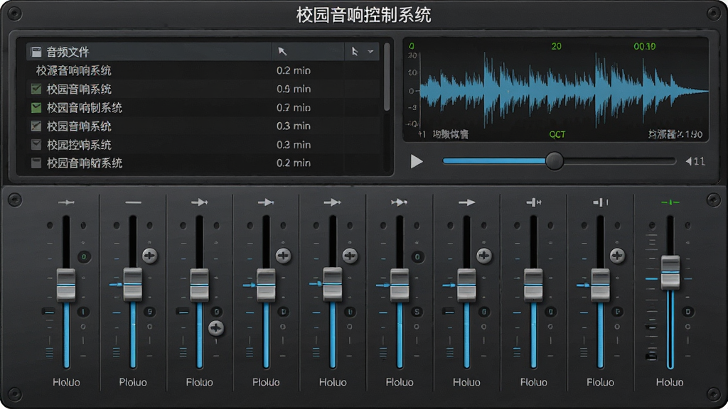 画面主体为校园音响控制系统音源管理与均衡器调节面板,布局采用上方音频文件列表、下方十段均衡器滑块,风格为专业音频软件风,细节包含波形显示、播放进度条、音量推子,界面中显示文字“校园音响控制系统”,画质高清,画面干净,无多余元素