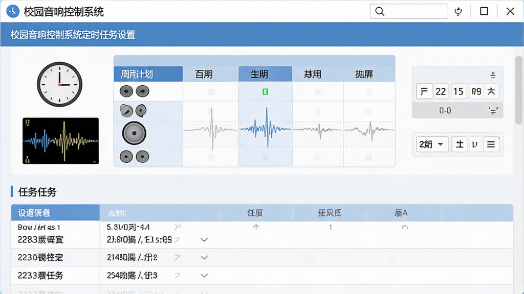 画面主体为校园音响控制系统定时任务设置界面,布局采用上方周计划表、下方任务列表的排版,风格为清爽办公风,细节包含时钟图标、打铃波形图、日期选择器,界面中显示文字“校园音响控制系统”,画质清晰,画面干净,无多余元素