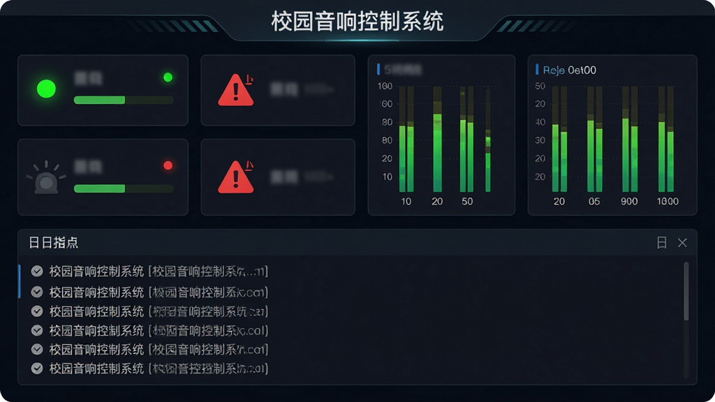 画面主体为校园音响控制系统运行状态监控面板,布局采用上方分区状态卡片、下方日志滚动窗口,风格为深色科技风,细节包含绿色在线指示灯、红色报警图标、实时电平表,界面中显示文字“校园音响控制系统”,画质清晰,画面干净,无多余元素