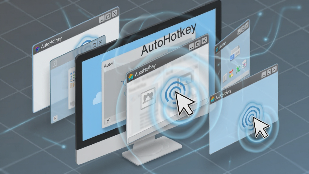 AutoHotkey鼠标窗口自动化操作示意图,主体为电脑屏幕上的多个应用窗口和一只虚拟鼠标指针,布局采用透视网格背景,窗口以悬浮卡片形式排列,排版呈现动态分层效果,风格为现代UI设计风格,细节包括窗口标题栏、半透明效果、鼠标点击涟漪动画,画质清晰干净无多余元素,画面中文字包含“AutoHotkey”和窗口控制按钮图标,整体色调为冷灰与天蓝搭配,科技感十足。