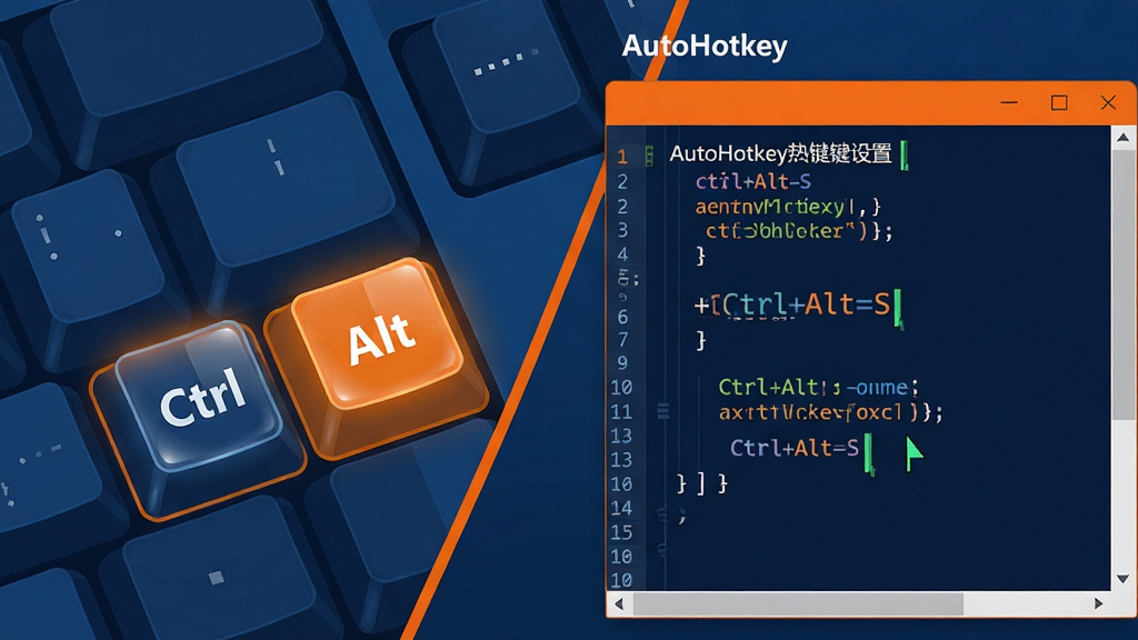 AutoHotkey热键设置界面概念图,主体为键盘按键与脚本代码的创意结合,布局采用左右分栏,左侧为键盘局部特写高亮显示Ctrl和Alt键,右侧为脚本编辑窗口显示热键定义代码,排版采用对角线视觉引导,风格为科技感扁平化插画风格,细节包括按键光泽、代码行号、光标闪烁效果,画质清晰干净无多余元素,画面中文字内容为“AutoHotkey”和快捷键组合“Ctrl+Alt+S”,整体色调为深蓝与亮橙对比,简洁现代。