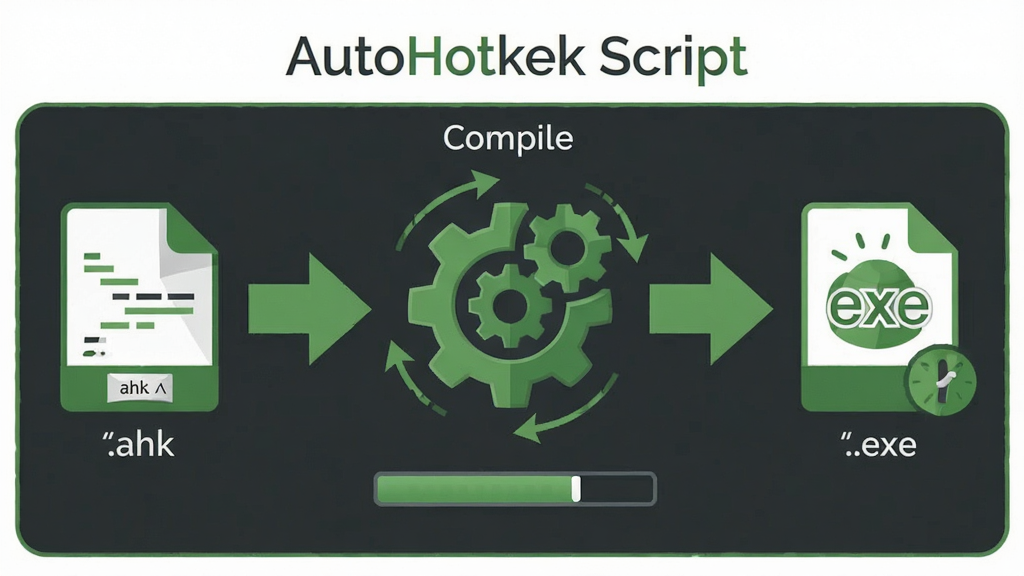 AutoHotkey脚本编译流程概念图,主体为代码文件向可执行文件转换的视觉隐喻,布局采用从左到右的流程箭头,左侧为脚本文件图标,中间为编译齿轮,右侧为exe程序图标,排版横向展开,风格为扁平化信息图风格,细节包括文件扩展名“.ahk”和“.exe”、齿轮咬合动画、进度条元素,画质清晰干净无多余元素,画面中文字为“AutoHotkey Script”和“Compile”,整体色调为绿色与深灰,简约专业。