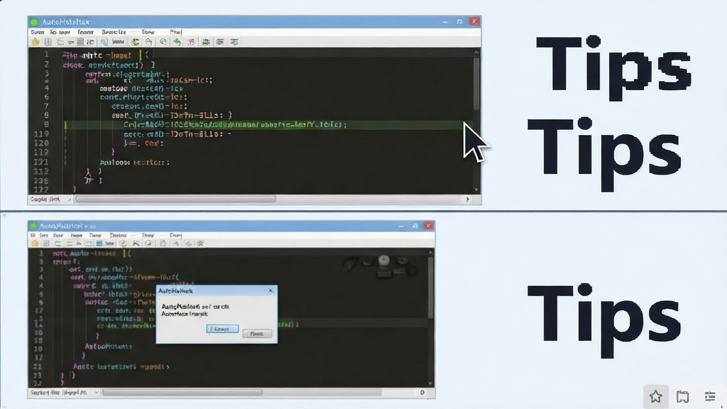 AutoHotkey使用技巧示意图,主体为电脑屏幕显示脚本代码与运行效果对比,布局采用上下分屏,上方为代码编辑窗口,下方为实际自动化操作演示画面,排版清晰直观,风格为教程类截图风格,细节包括高亮代码行、鼠标指针、弹出提示框,画质清晰干净无多余元素,画面中文字为“AutoHotkey”和“Tips”,整体色调为浅色背景配深色文字,简洁易读。