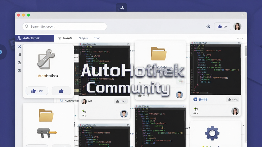 AutoHotkey社区命令库展示图,主体为网页论坛界面与代码片段卡片,布局采用瀑布流式排列,卡片上显示不同功能图标如剪贴板、文件夹、齿轮等,排版错落有致,风格为现代网页设计风格,细节包括搜索框、代码高亮、点赞按钮、用户头像,画质清晰干净无多余元素,画面中文字包含“AutoHotkey”和“Community”,整体色调为浅灰与靛蓝,清爽干净。