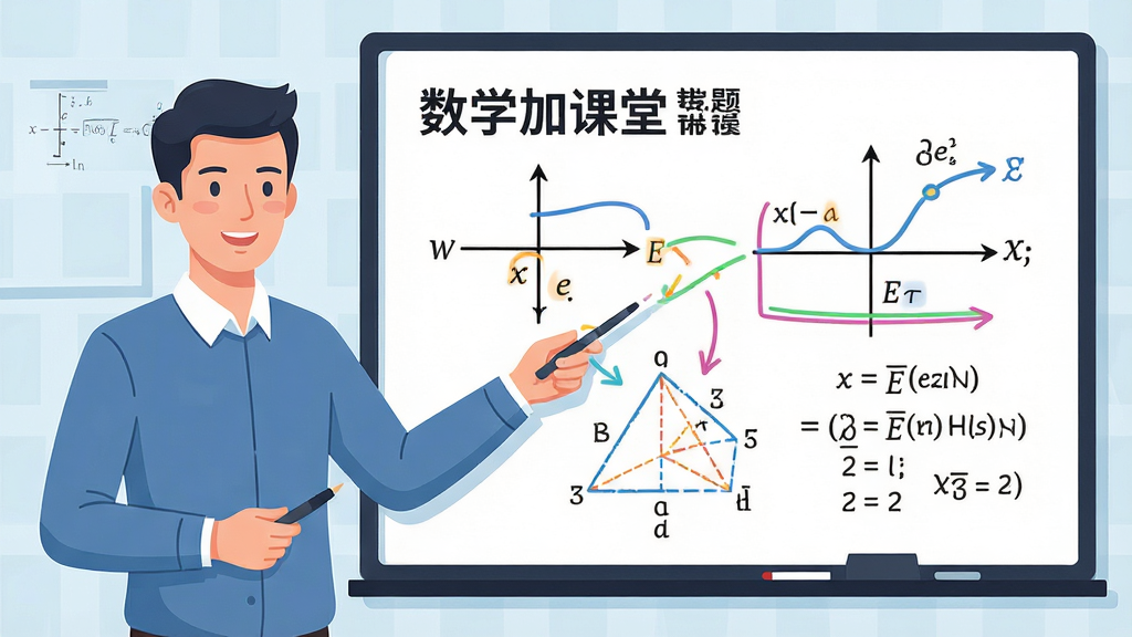 一张数学加课堂专题精讲模块的AI生图,画面主体是一位教师形象站在电子白板前,白板上显示“数学加课堂”与函数图像、几何证明过程,布局为左侧教师、右侧白板内容,排版规整,风格为现代教育场景插画,细节包括教师手势指向函数曲线、白板上的彩色标注线条,画质清晰,干净,无多余元素