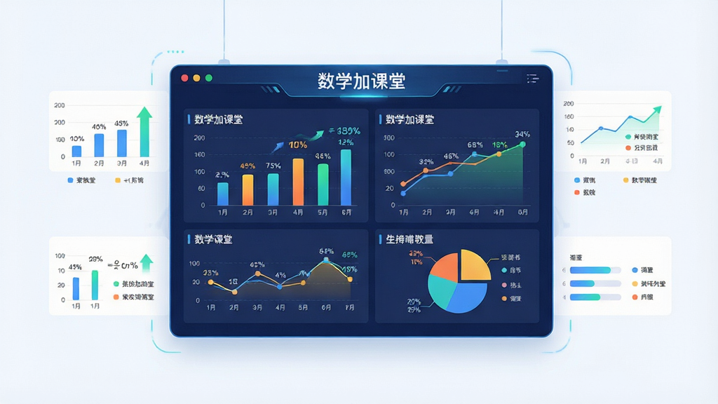 一张数学加课堂学习数据面板的AI生图,主体为一块悬浮的数据看板,看板上显示“数学加课堂”与柱状图、折线图、饼图等统计图形,布局为看板居中、图表环绕,排版对称,风格为科技感教育数据插画,细节包括百分比数字、上升箭头与彩色图例,画质高清,干净,无多余元素