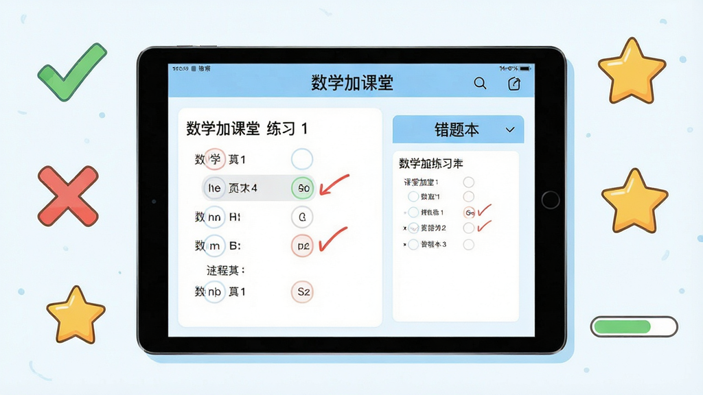 一张数学加课堂智能练习界面的AI生图,主体为平板电脑屏幕,屏幕上显示“数学加课堂”的练习题与错题本界面,布局为平板居中,周围散落着对勾、叉号、五角星和进度条图标,排版简洁,风格为清新学习类插画,细节包括屏幕上的选择题选项与红色批改标记,画质清晰,干净,无多余元素