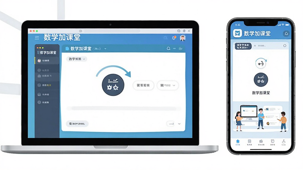 一张数学加课堂在电脑与手机双端使用的场景图,画面左侧是一台笔记本电脑显示数学加课堂课程界面,右侧是一部智能手机显示同一账号的学习进度,布局为左右并列,排版平衡,风格为现代数字生活插画,细节包括设备屏幕上的“数学加课堂”字样与同步图标,画质清晰,干净,无多余元素