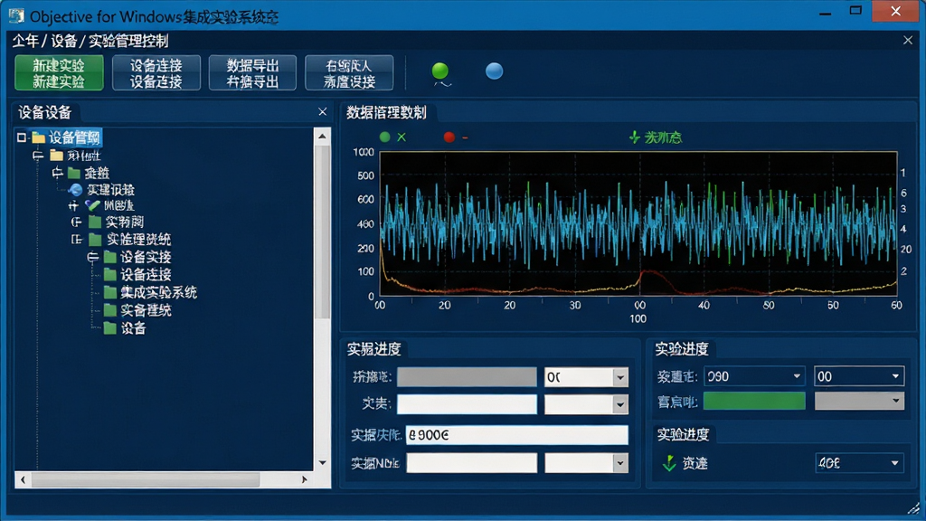 一张展示Objective for Windows集成实验系统主界面的软件截图风格图片,画面中央是深蓝色调的实验管理控制台窗口,左侧为设备树形列表,右侧为数据波形与实验进度面板,顶部工具栏排列着新建实验、设备连接、数据导出等按钮,界面文字使用中文标注,整体布局整洁清晰,风格为专业科技感UI设计,细节包含波形图、状态指示灯、参数输入框,画质高清,干净,无多余元素