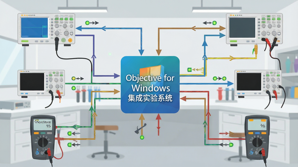 一张表现Objective for Windows集成实验系统多设备连接拓扑的示意图,画面中心是写有“Objective for Windows集成实验系统”的软件图标,四周通过彩色线条连接示波器、信号发生器、直流电源、数字万用表等仪器设备图标,背景为浅灰色实验室场景,风格为扁平化科技插画,布局对称清晰,细节包含连接状态指示灯与数据流向箭头,画质高清,干净,无多余元素