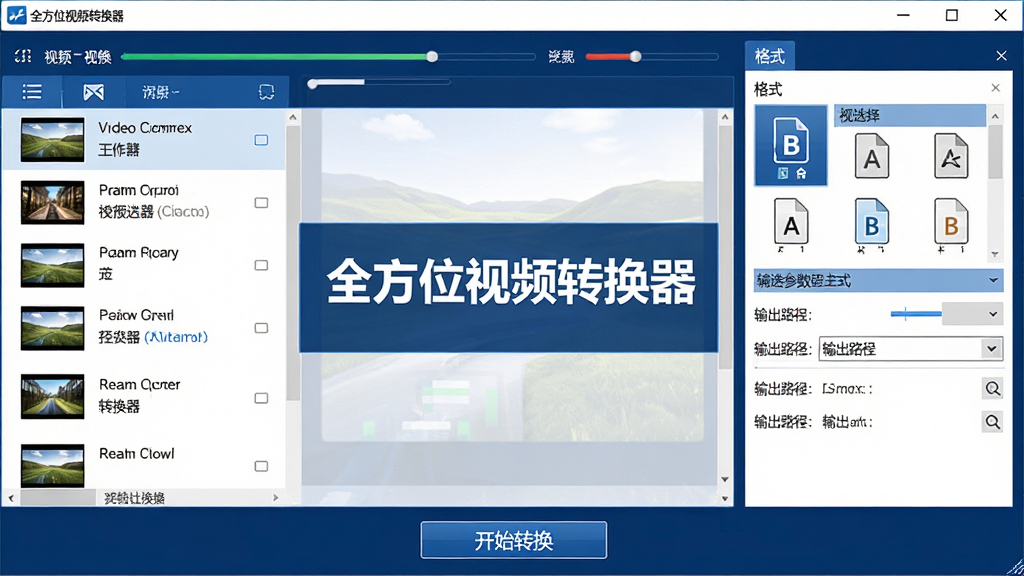 全方位视频转换器软件主界面,画面中央展示软件名称“全方位视频转换器”,左侧为视频文件列表,右侧为格式选择与参数设置面板,底部有开始转换按钮,整体采用深蓝色与白色搭配的科技风格,布局清晰整洁,细节包括进度条、格式图标、输出路径选择,画质高清,画面干净,无多余元素