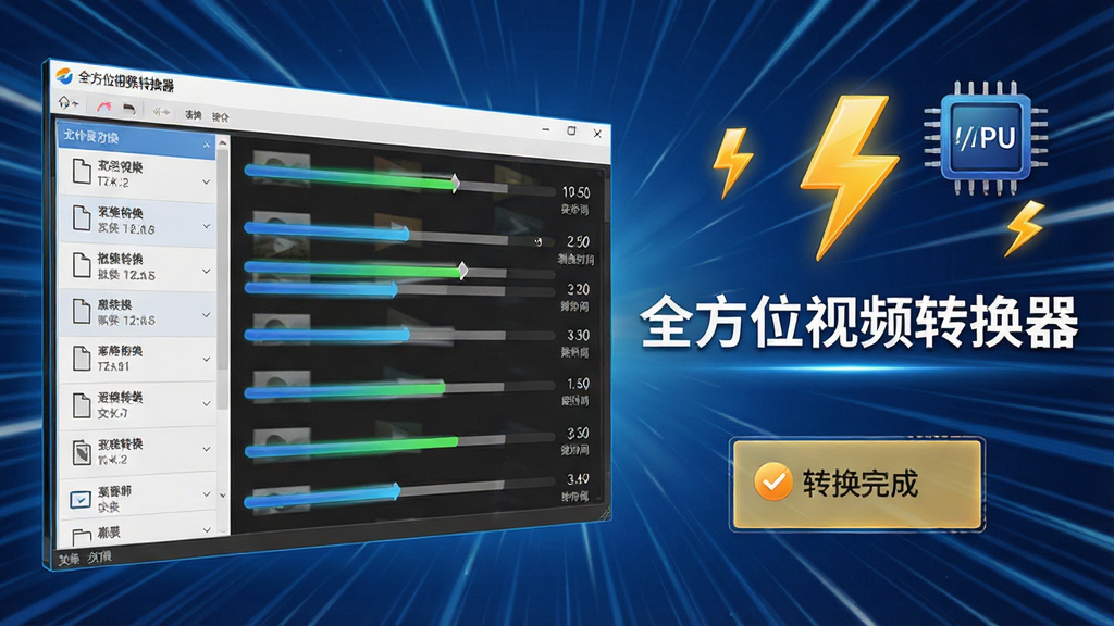 全方位视频转换器极速转换功能示意图,画面展示软件正在批量转换多个视频文件,界面中进度条快速推进,旁边显示“全方位视频转换器”名称,背景带有速度线、闪电符号与CPU/GPU图标,整体风格动感科技,布局为左右分栏,细节包括文件列表、剩余时间预估、转换完成提示,画质高清,画面干净,无多余元素