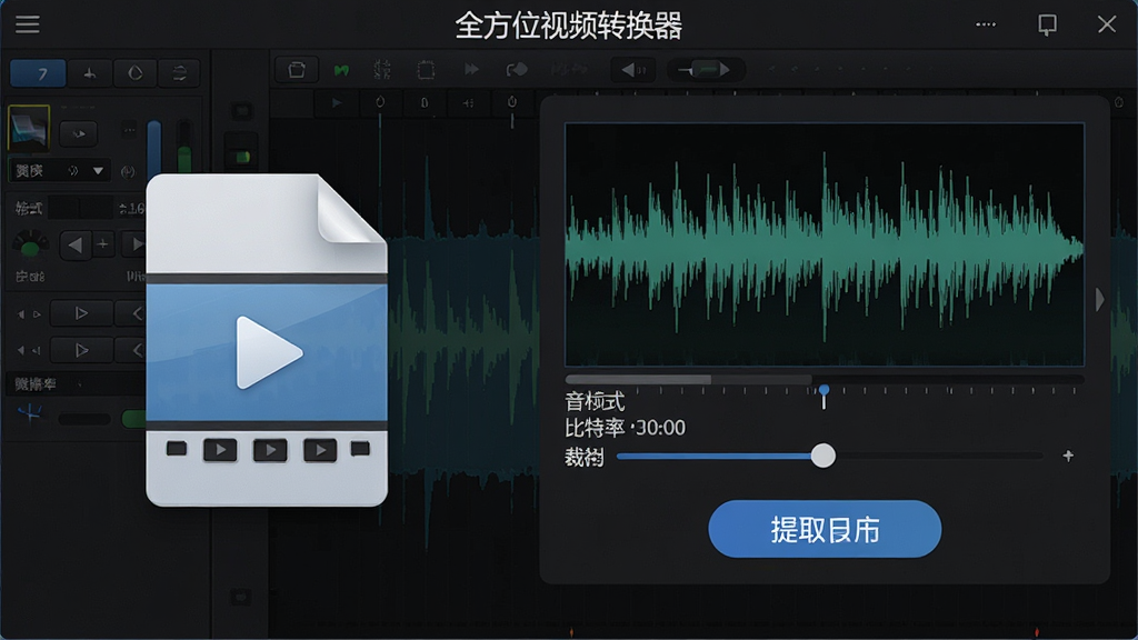 全方位视频转换器音频提取与编辑功能展示图,画面左侧为视频文件图标,右侧为音频波形图与提取按钮,软件名称“全方位视频转换器”显示在窗口标题处,背景为深色专业音频工作台风格,布局清晰,细节包括音频格式选择、比特率滑块、裁剪标记,画质高清,画面干净,无多余元素