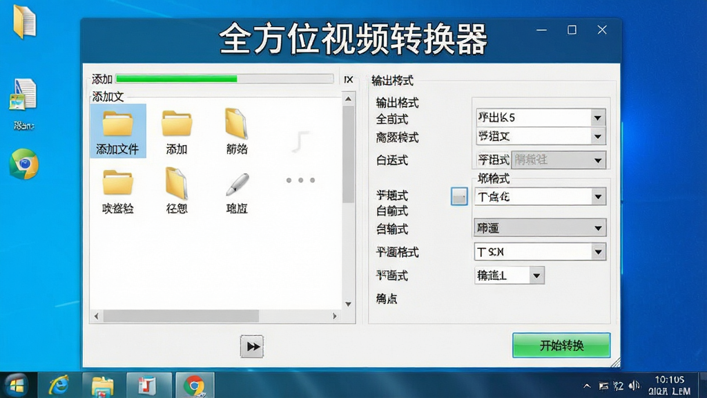 全方位视频转换器新手操作界面截图,画面展示软件主窗口,左侧为添加文件区域,右侧为输出格式与参数设置,底部有开始转换按钮,界面中标注“全方位视频转换器”名称,背景为简洁的Windows桌面风格,布局清晰,细节包括进度条、文件夹图标、格式下拉菜单,画质高清,画面干净,无多余元素