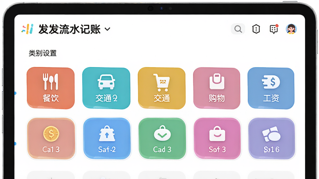 AI生图,画面展示发发流水记账系统的类别设置页面,屏幕上排列着多个可拖拽的彩色类别标签,包含餐饮、交通、购物、工资等图标,界面风格清新活泼,画质高清,干净无多余元素