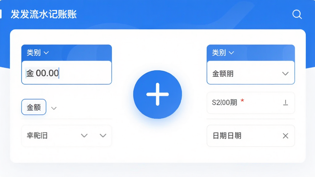 AI生图,画面展示发发流水记账系统的智能录入界面,屏幕中央有一个醒目的加号按钮,周围环绕着金额输入框、类别选择标签和日期选择器,界面风格简洁现代,配色以蓝白为主,画质高清,干净无多余元素
