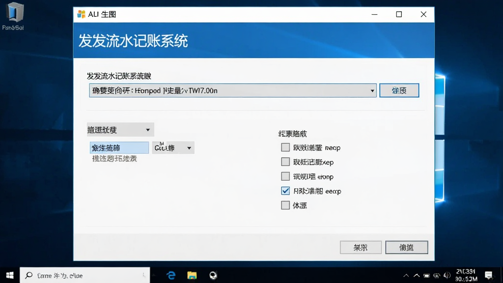 AI生图,画面展示发发流水记账系统在Windows桌面上的安装向导界面,包含路径选择框和组件勾选项,界面风格简洁,画质高清,干净无多余元素